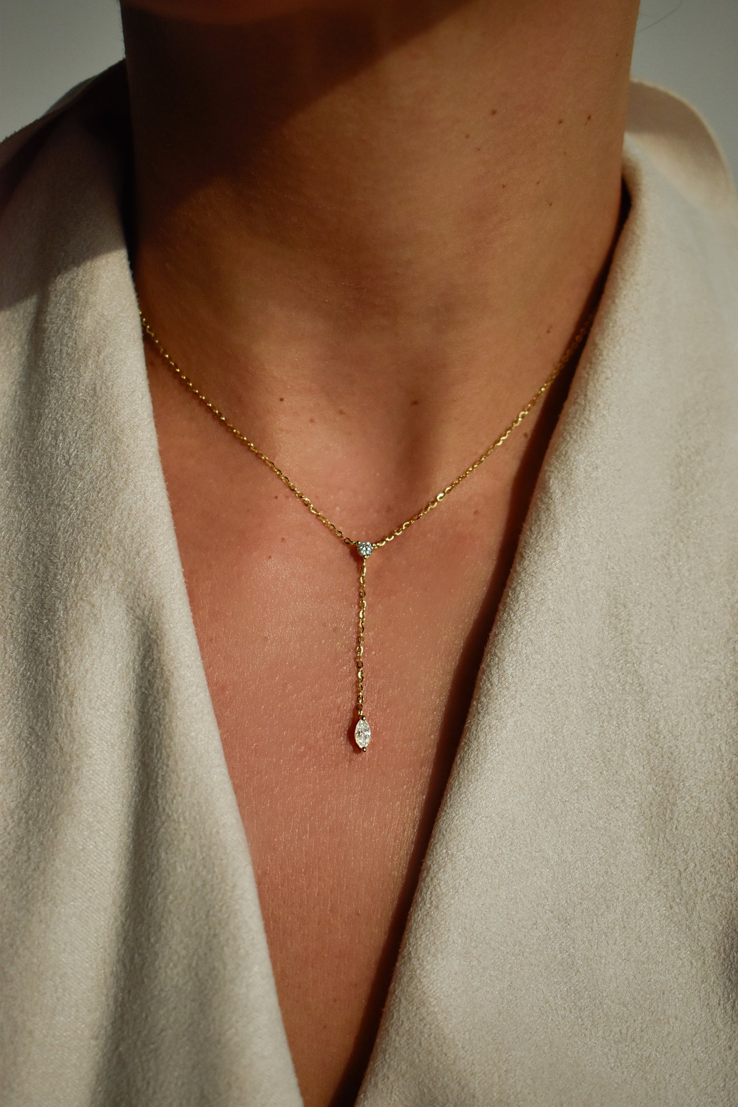 Gold Plated Y Shape Marquise Cut Long Tassel Necklace
