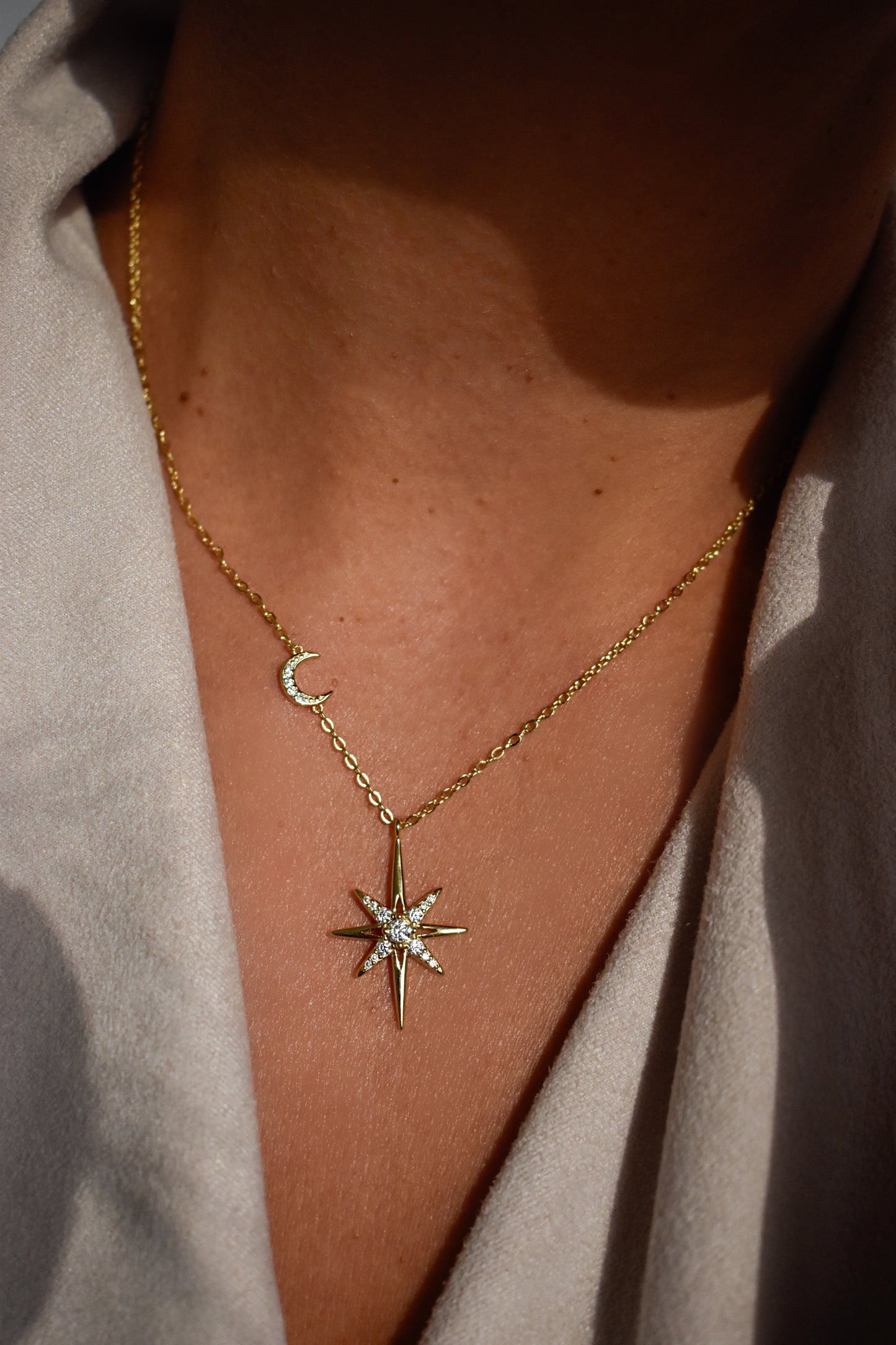 Gold Plated Moissanite North Star & Moon Necklace