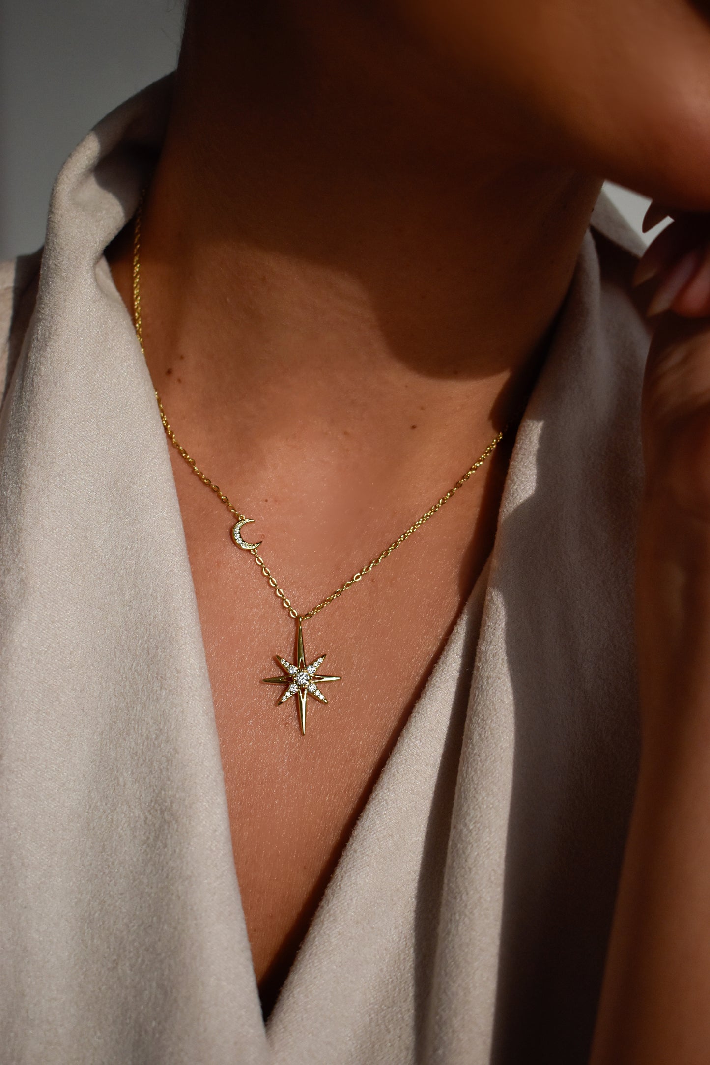Gold Plated Moissanite North Star & Moon Necklace