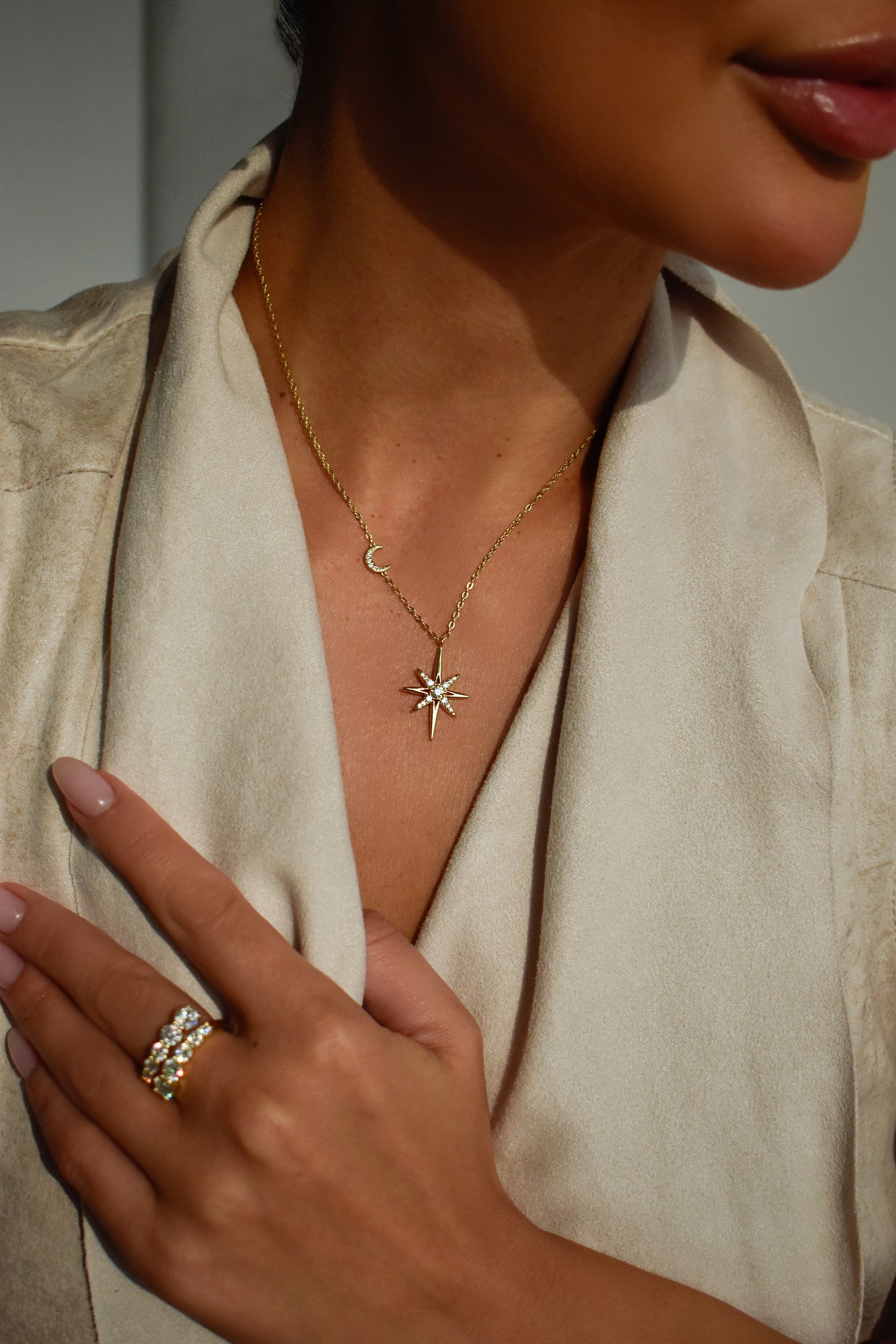 Gold Plated Moissanite North Star & Moon Necklace