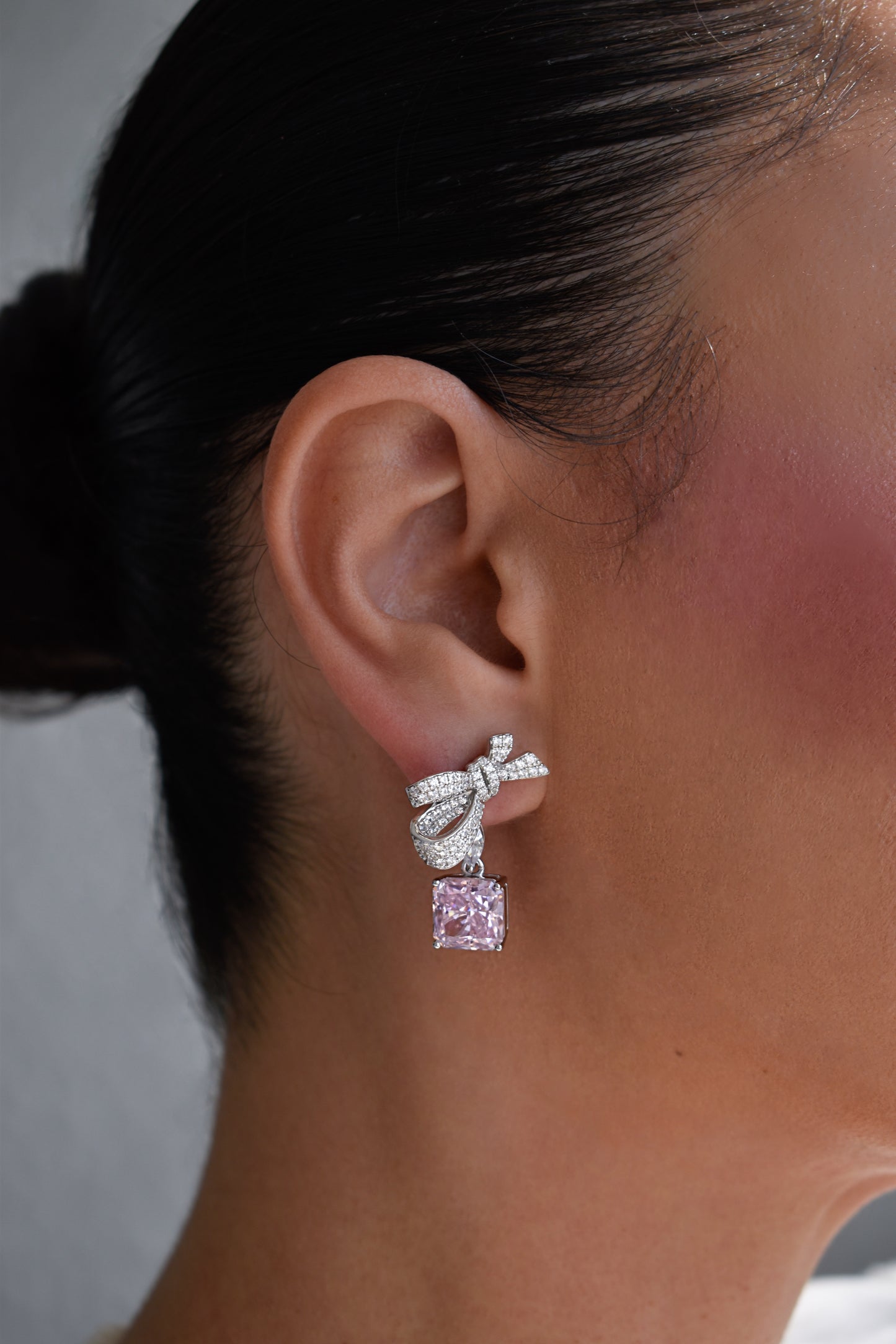 Pink Stone Radiant Cut Bow Earrings