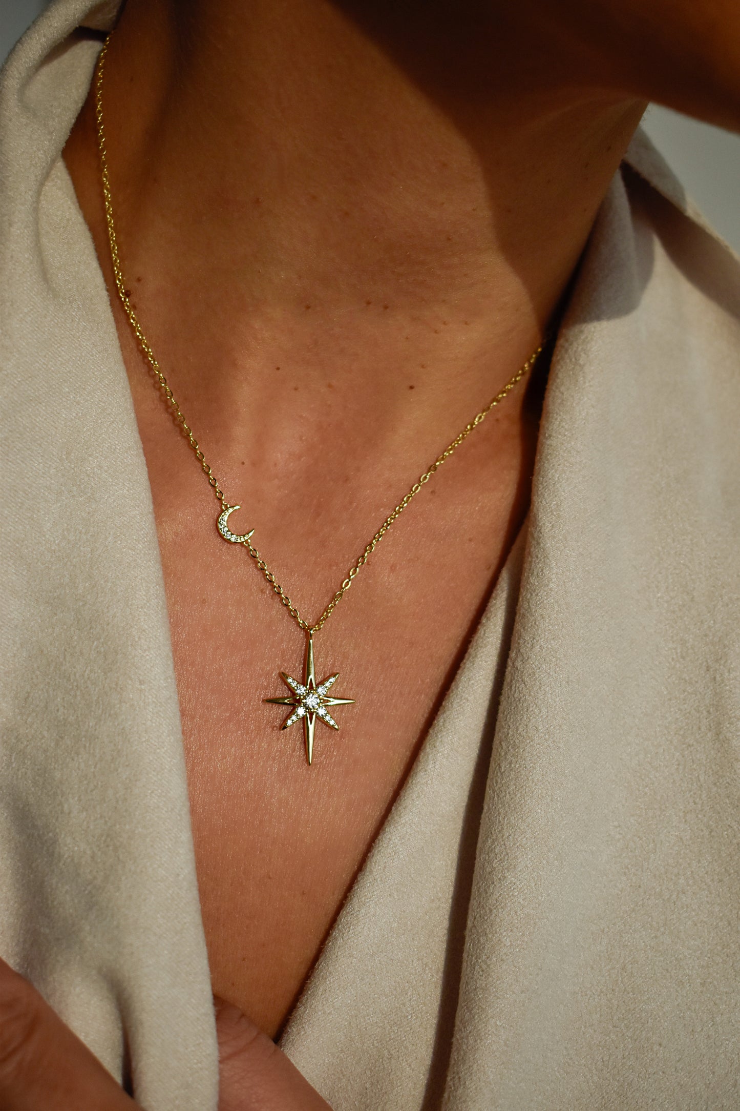 Gold Plated Moissanite North Star & Moon Necklace