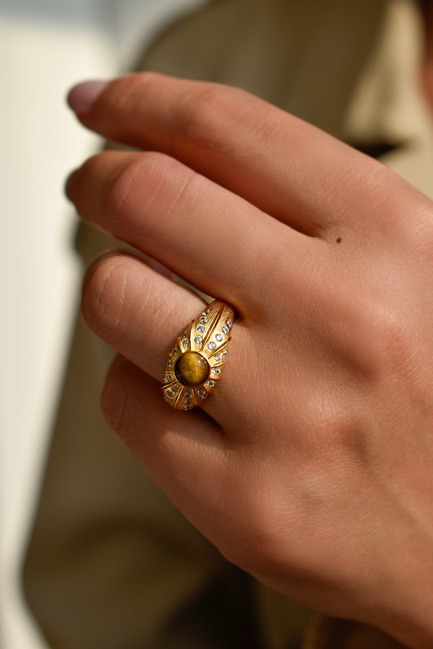 Tiger Eye Brushed Gold Ring