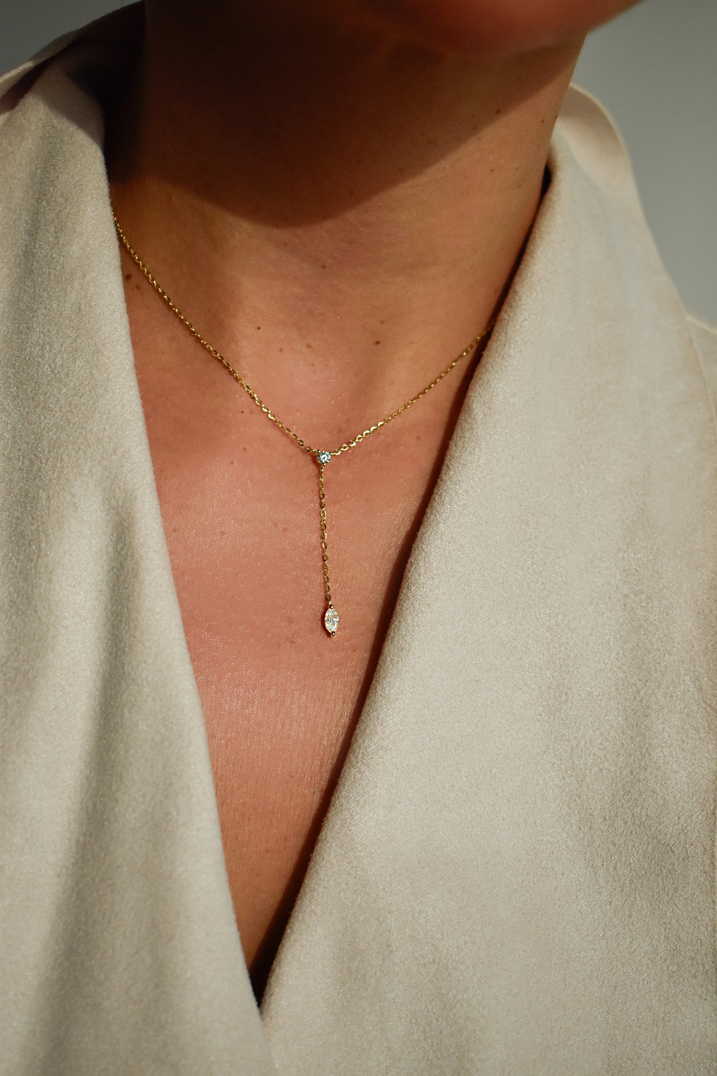 Gold Plated Y Shape Marquise Cut Long Tassel Necklace