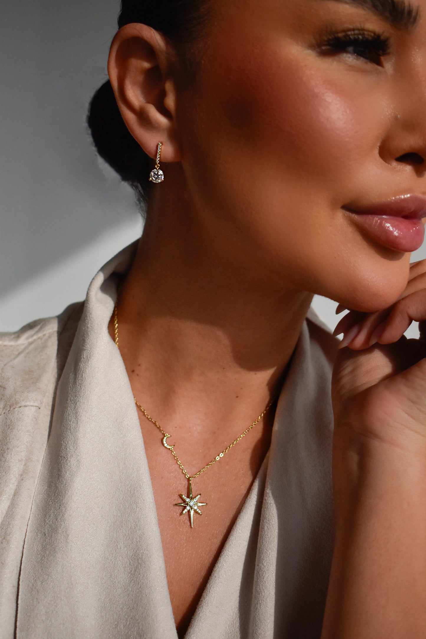 Gold Plated Moissanite North Star & Moon Necklace