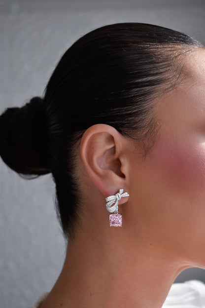 Pink Stone Radiant Cut Bow Earrings