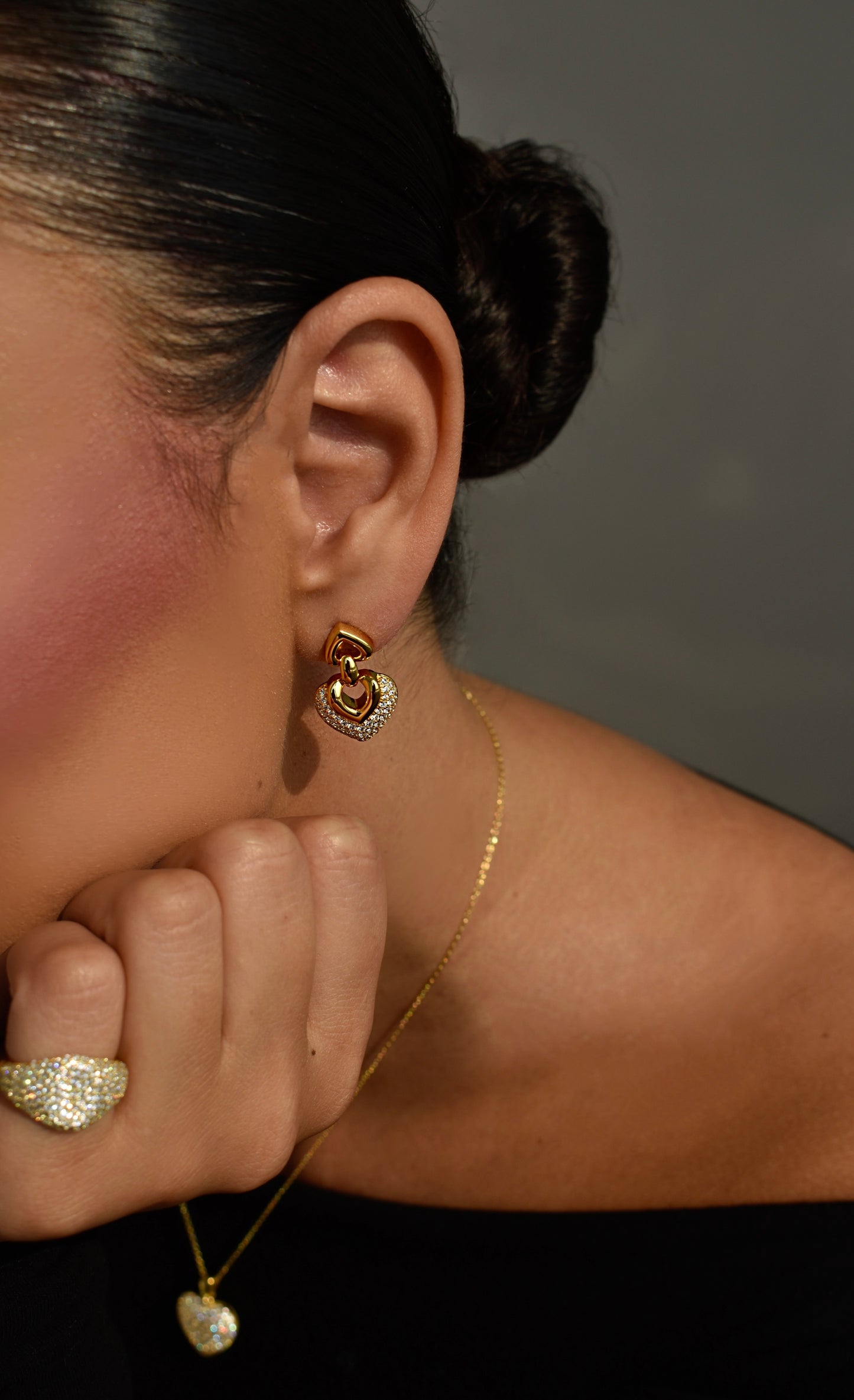 Double Heart Gold Plated Drop Earrings