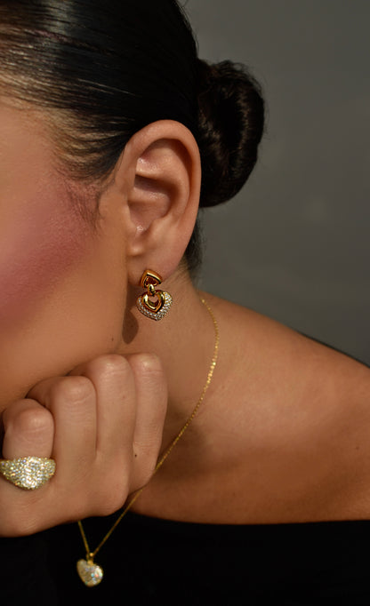 Double Heart Gold Plated Drop Earrings
