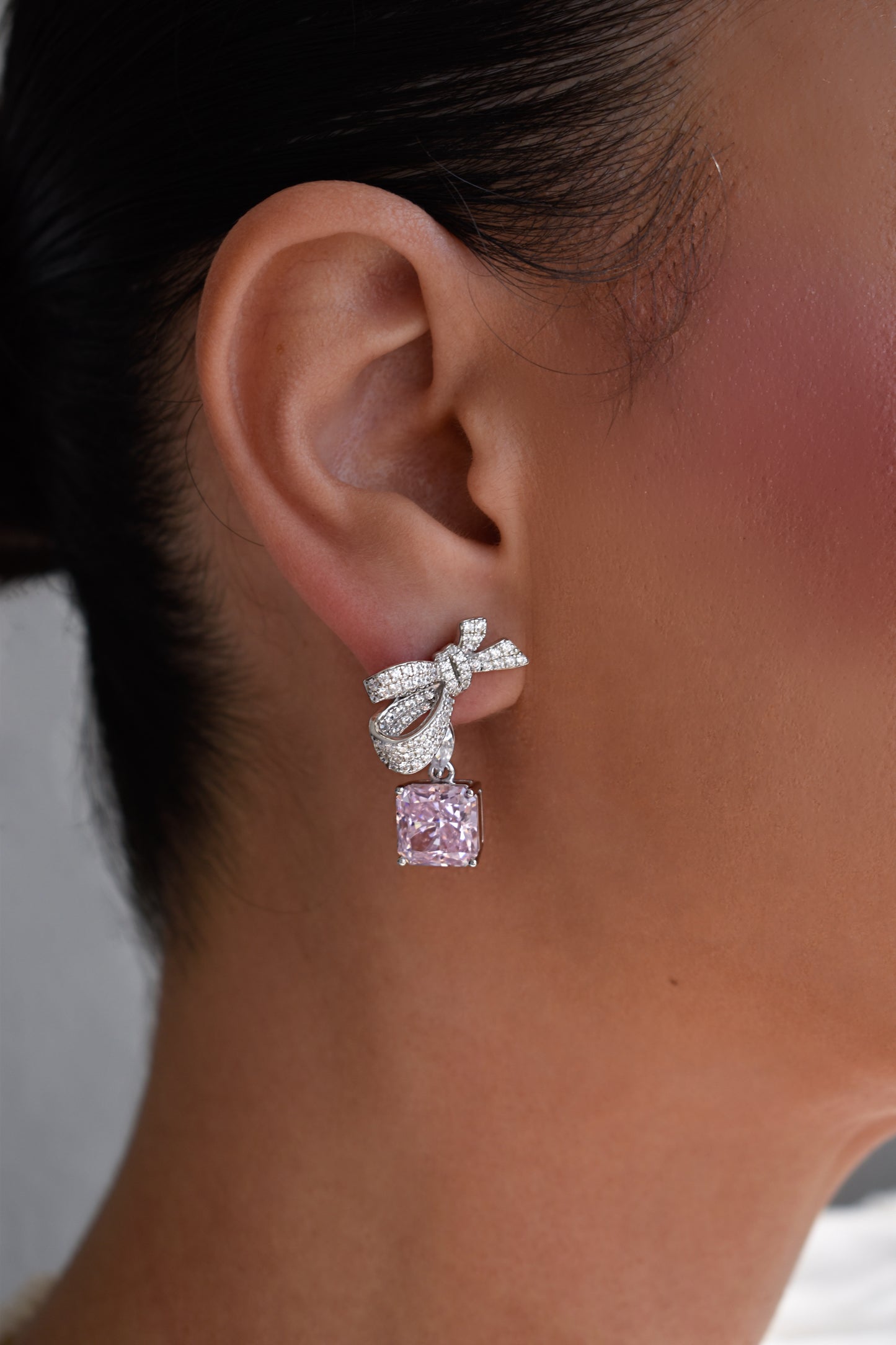 Pink Stone Radiant Cut Bow Earrings