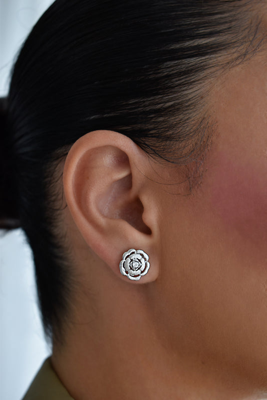 Flora Rose Brushed Silver Stud Earrings