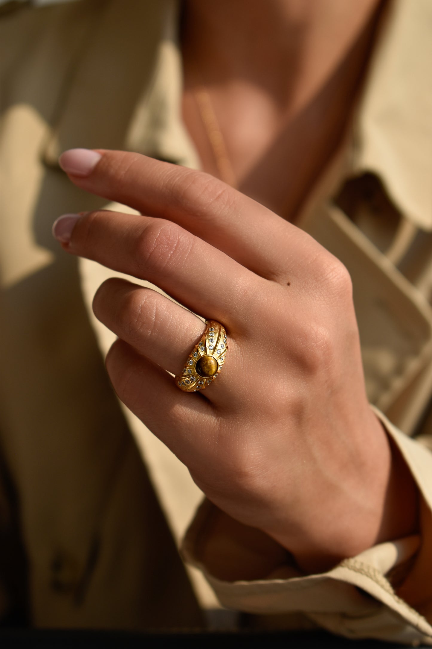 Tiger Eye Brushed Gold Ring