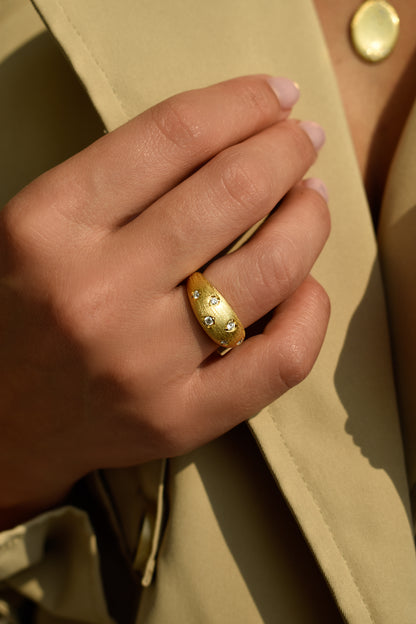 Engraved Pear Shape Brushed Gold Ring