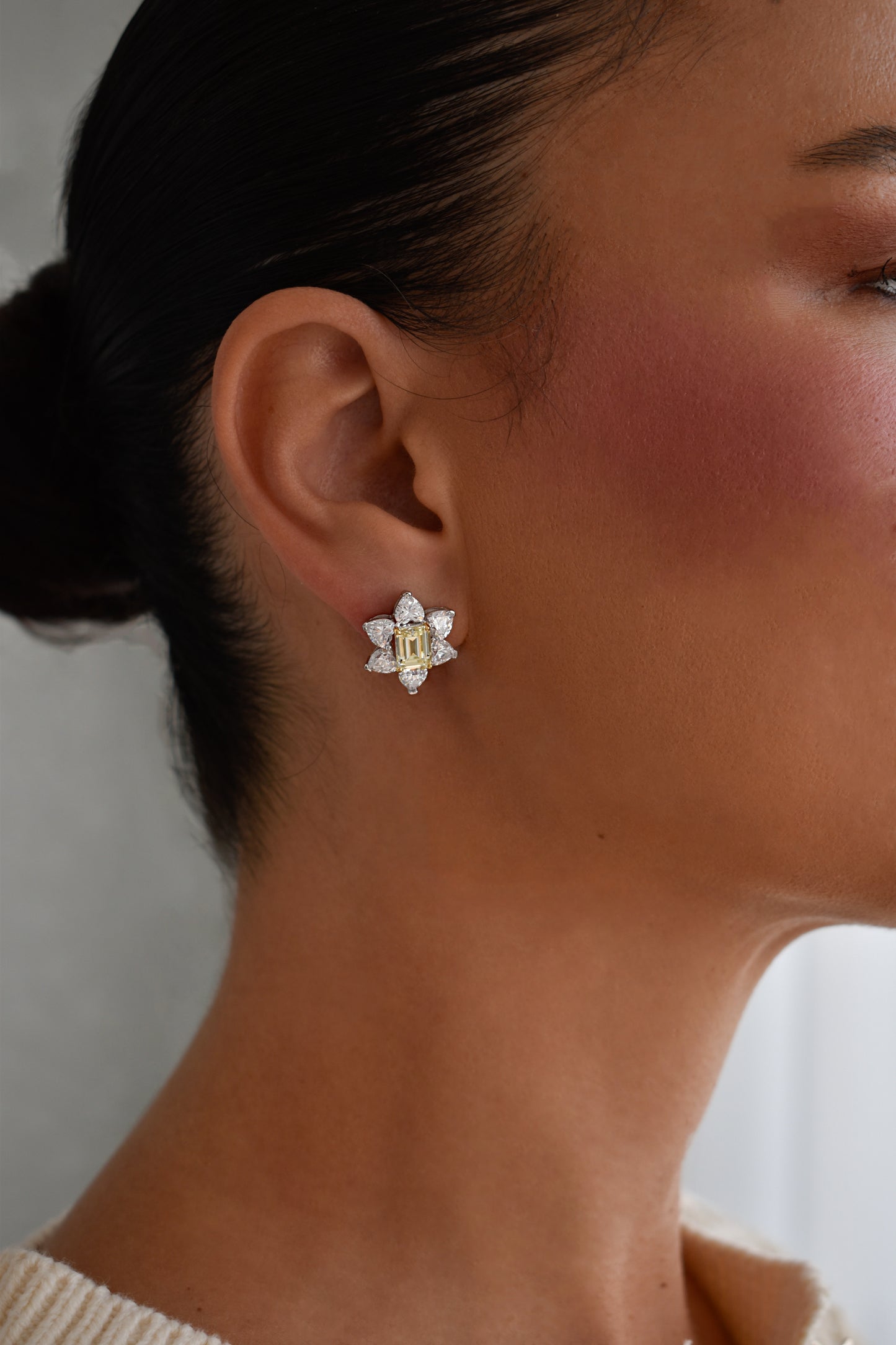 Eternity Hearts and Emerald Cut in Rose Shape Stud Earrings