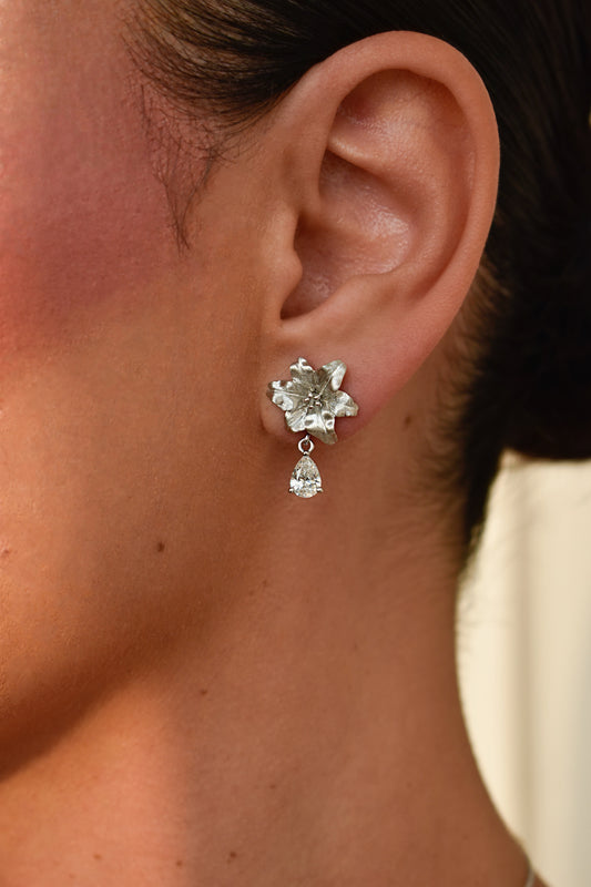 Brushed Silver Rose with Drop Moissanite Pear Shape Earrings
