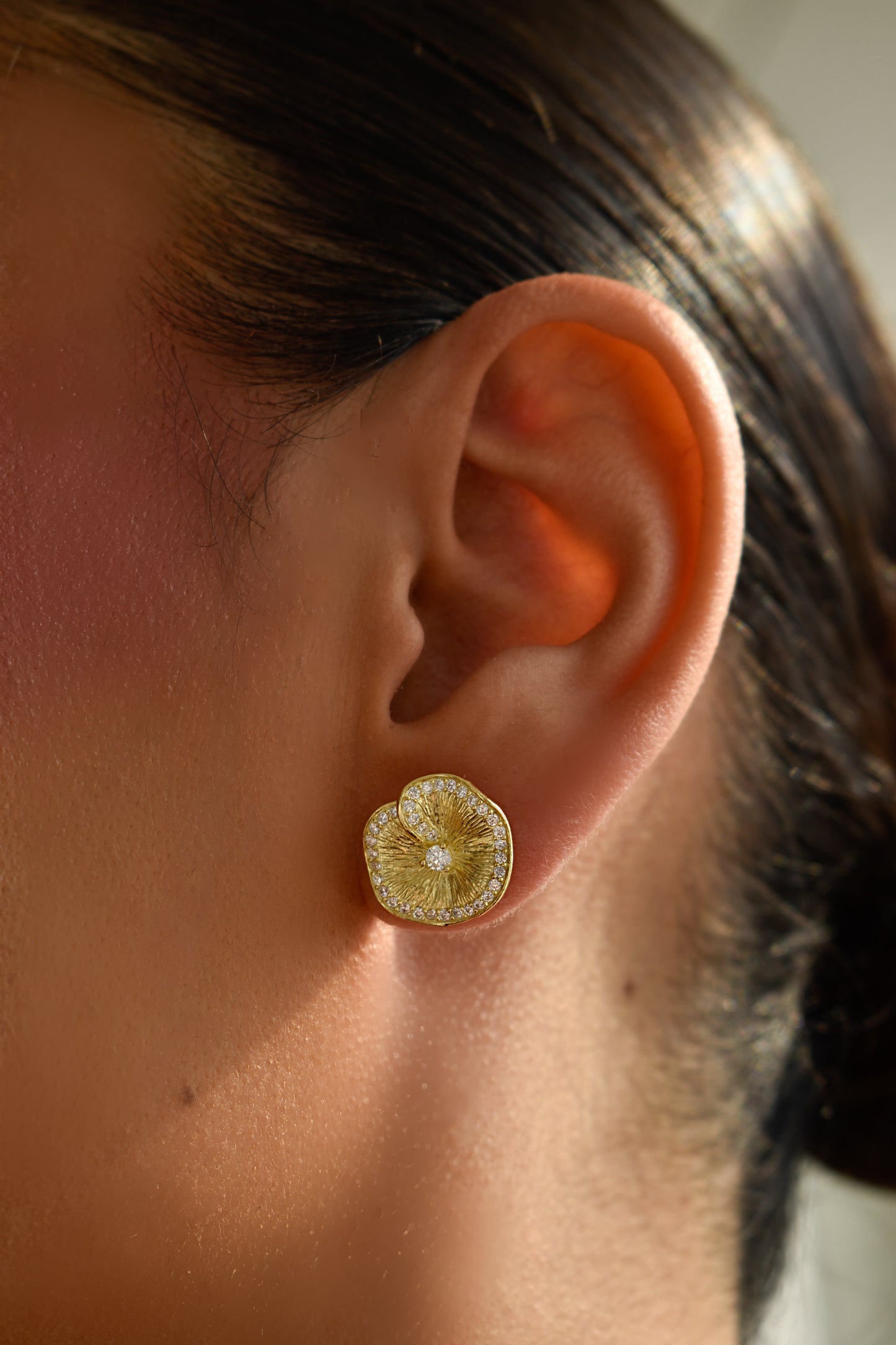 Lotus Leaf Brushed Gold Stud Earrings