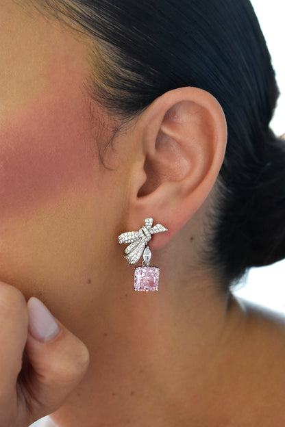 Pink Stone Radiant Cut Bow Earrings
