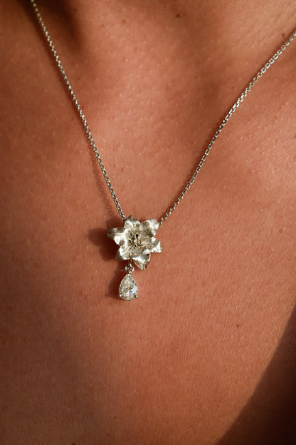 Brushed Silver Rose with Drop Moissanite Pear Shape Necklace