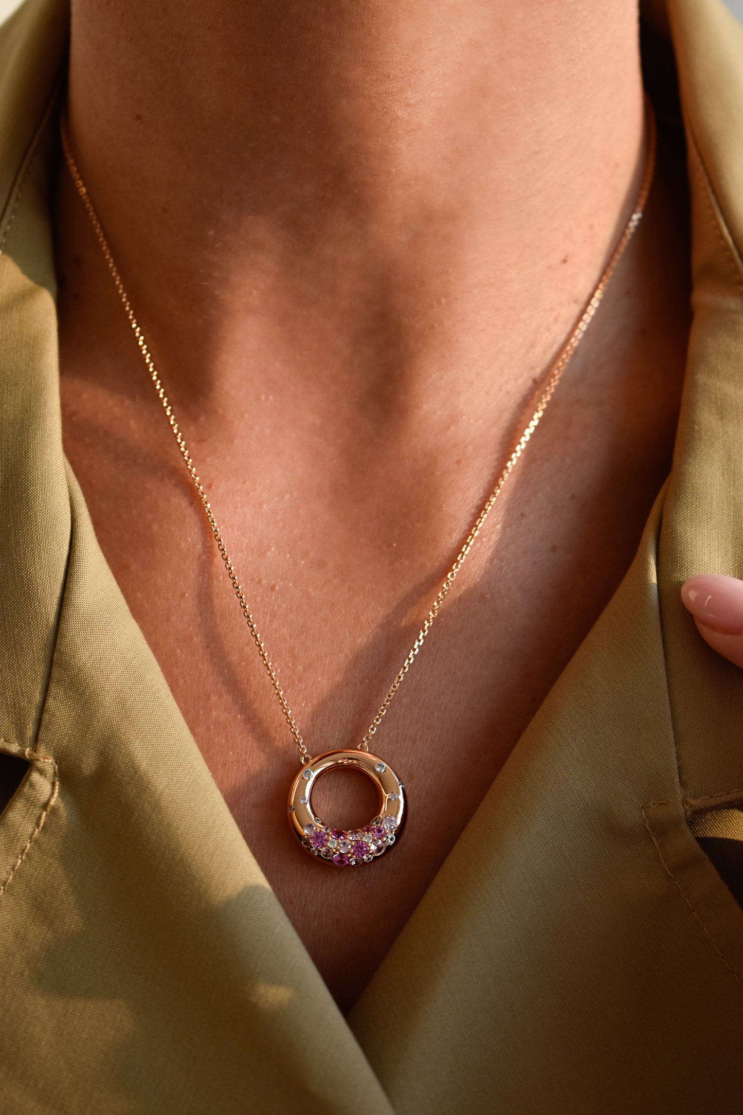 Pink Ombré Stones Round Shape Rose Gold Necklace