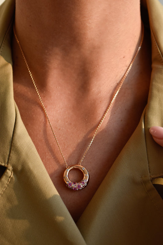 Pink Ombré Stones Round Shape Rose Gold Necklace