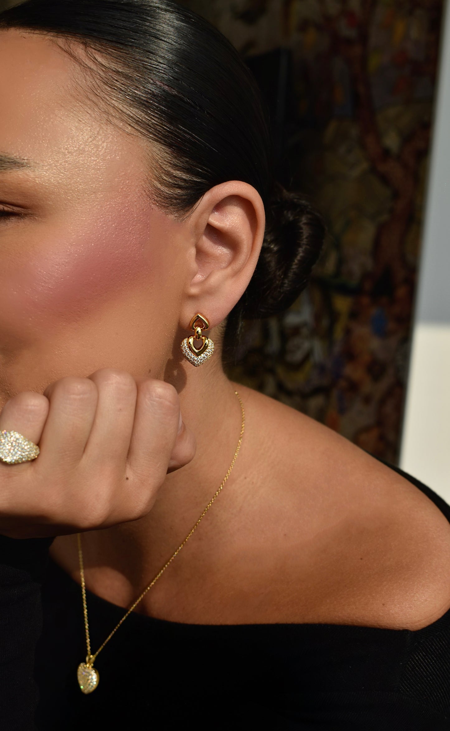 Double Heart Gold Plated Drop Earrings