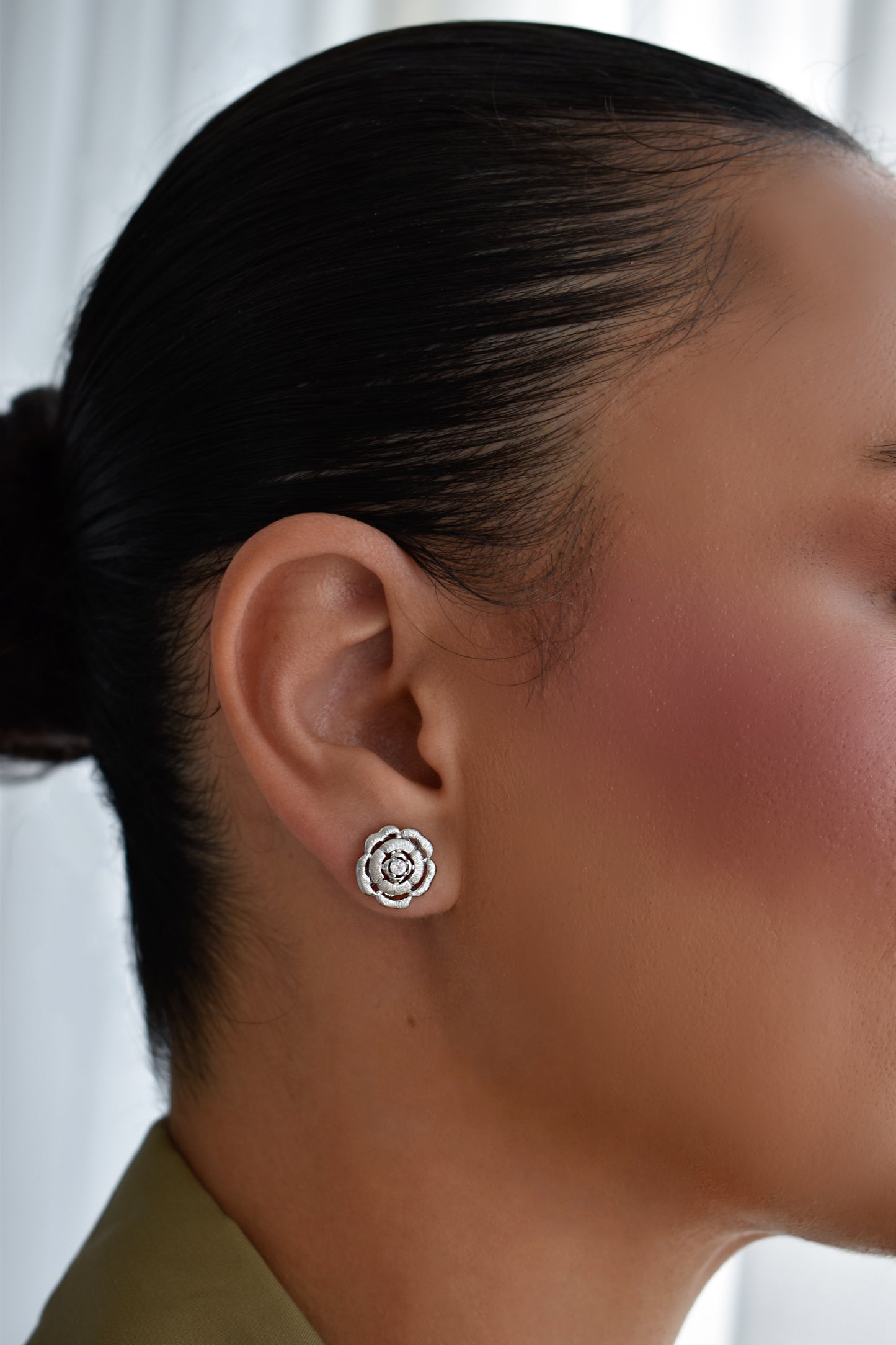 Flora Rose Brushed Silver Stud Earrings