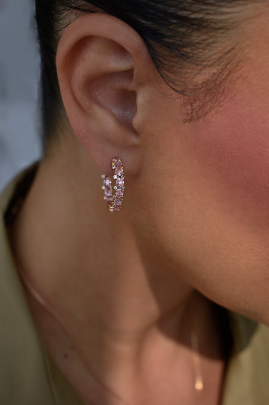Pink Stone Round Cut Hoops