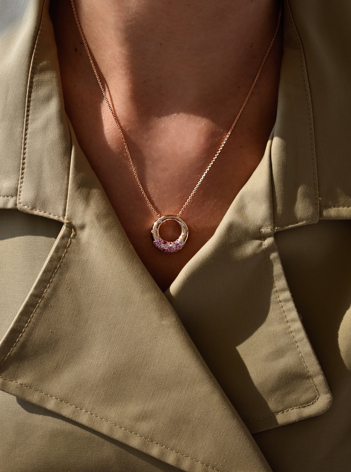 Pink Ombré Stones Round Shape Rose Gold Necklace