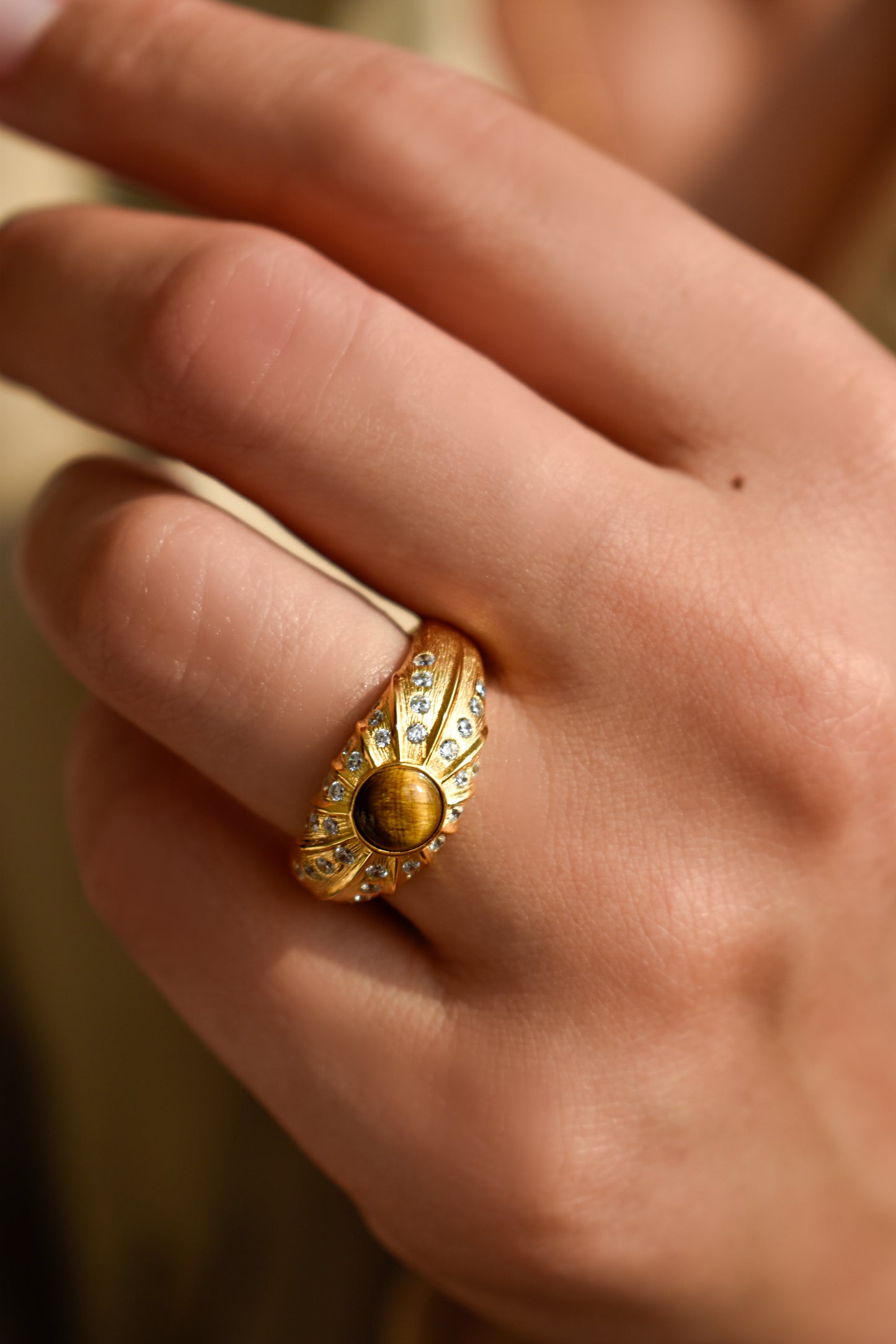 Tiger Eye Brushed Gold Ring
