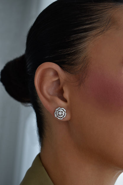 Flora Rose Brushed Silver Stud Earrings